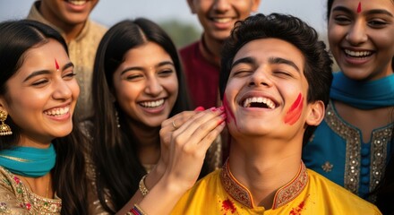 Celebration of Holi festival with colorful powders and joyful expressions