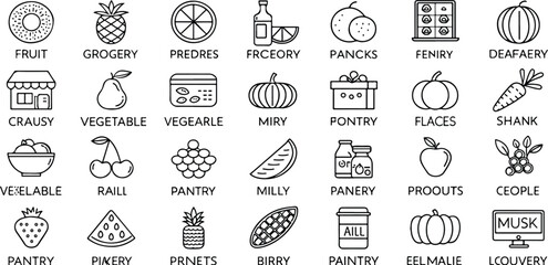 Black and white line art icon set of food and grocery items perfect for infographics and minimalistic design projects showcasing diverse culinary options
