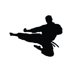 Silhouette vector illustration of a karate practitioner executing a flying kick.