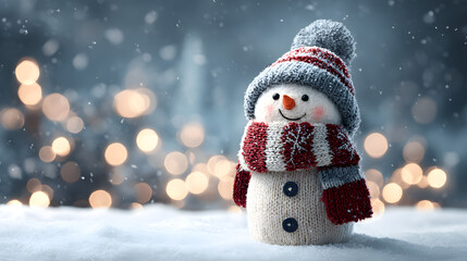 Winter holiday christmas background banner with cute funny laughing snowman with wool hat and scarf, on snowy snow snowscape and bokeh light