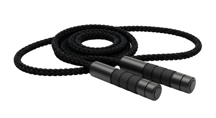 Fototapeta premium Dark jump rope shows braided texture, highlights matte handles on a black background, suitable for fitness product photography.