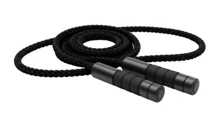 Dark jump rope shows braided texture, highlights matte handles on a black background, suitable for fitness product photography.