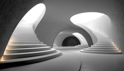 Abstract grayscale rendering of a curving, subterranean hallway with stairs and arched openings