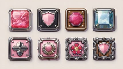 A set of modern glossy achievement award icons with metal frames  long title A collection of square metallic framed icons and buttons representing