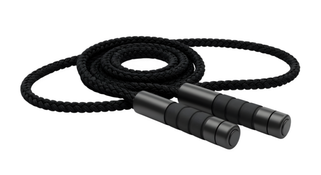 Dark jump rope shows braided texture, highlights matte handles on a black background, suitable for fitness product photography.
