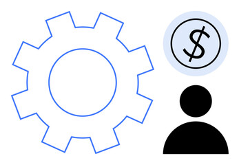 Gear representing process, dollar icon emphasizing finance, and person figure for human involvement. Ideal for business, workflow, teamwork, finance, management economics automation. Simple flat