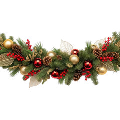 Festive christmas garland with red and gold ornaments, pinecones, berries, and gold leaves, isolated on transparent background