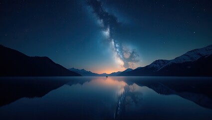 Serene lake reflecting a night sky with the milky way.