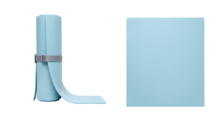Light blue textured yoga mat showcases rolled and flat positions. Useful for product photography, fitness branding, sports posters.