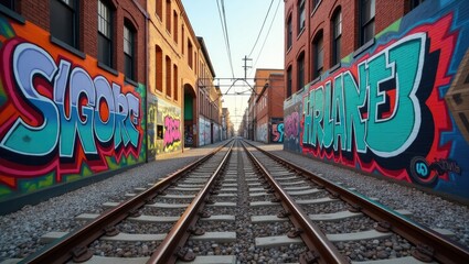 Graffiti-covered walls beside train tracks.