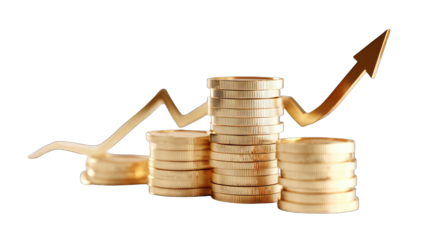 Gold coins stacked, upward trend arrow (1)