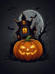 Fototapeta premium Spooky halloween scene with glowing jack o lantern and haunted house under a full moon