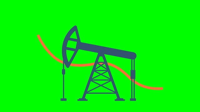 Oil rig on the background of falling red line. Pumpjack on oil price chart, financial data. Land crude oil drilling rig, derrick, pump jack. Price per barrel. 2d flat animation. Alpha channel	