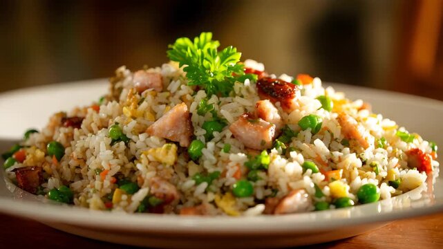 Ultra HD A flavorful plate of chicken fried rice with peas, carrots, and egg, topped with fresh parsley, a delicious and satisfying asianinspired dish for lunch or dinner