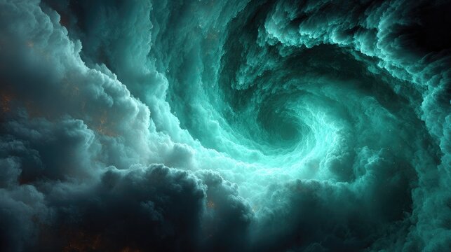 Teal vortex of swirling clouds, dark stormy sky