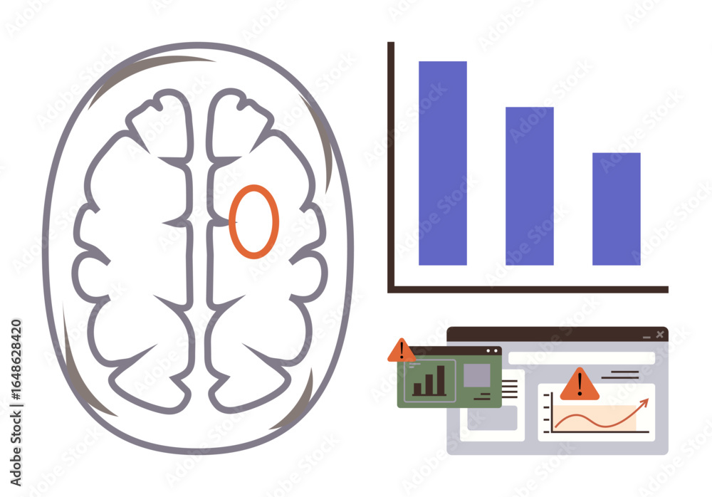 Poster brain scan highlighting a marked region, bar chart for data analysis, and windows with error alerts.