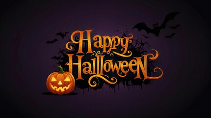 Spooky happy halloween text with glowing jack o lantern and bats