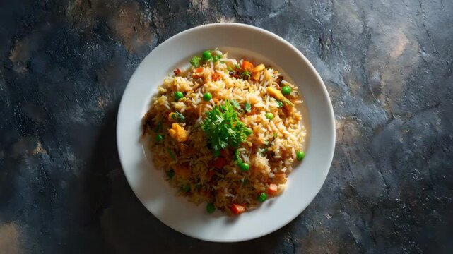 Ultra HD Overhead video of a plate of fried rice with vegetables and herbs on a textured dark surface, a simple and satisfying meal with a rustic and authentic feel
