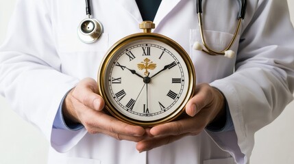 Doctor in white coat holding vintage clock with roman numerals for medical time management and healthcare concept
