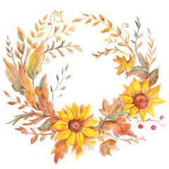 Watercolor wreath with two yellow flowers - illustration for greeting cards, notebooks. PNG. Transparent background.