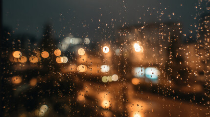 night sky with bright street lamps glow, seen through a window with rain rainy water drops