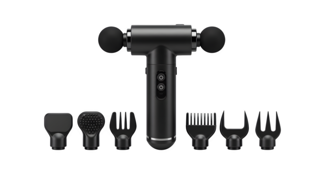 Black percussion massager and attachments shows smooth, product photography, branding, posters.