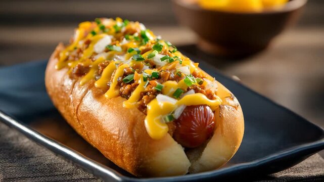 Ultra HD A chili cheese hotdog with onions and mustard, served on a plate in a restaurant setting, offering a delicious and satisfying fast food experience