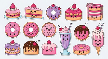 A delightful collection of kawaii desserts stickers: cakes, donuts, and ice cream with smiling faces