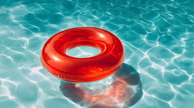 Red inflatable pool ring floats on water.