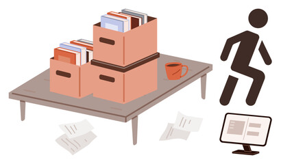 Desk setup with document boxes, scattered papers, coffee cup, digital screen, and active figure. Ideal for productivity, organization, multitasking, remote work workplace dynamics focus simple