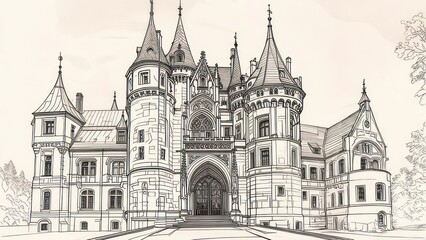 Majestic Gothic Castle Facade with Intricate Turrets and Arched Entrance, Stylized Line Art
