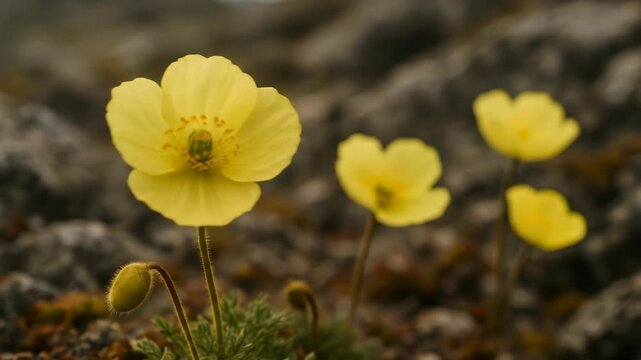 Delicate Arctic Poppies in a Rocky Landscape