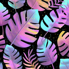 Obraz premium tropical palm leaf silhouette with terrazzo textures and holographic light