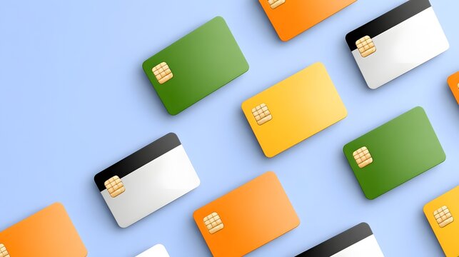 Assortment of colorful credit cards on a blue background