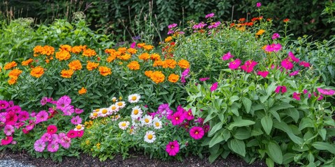 Garden in bloom with marigolds, petunias, and zinnias