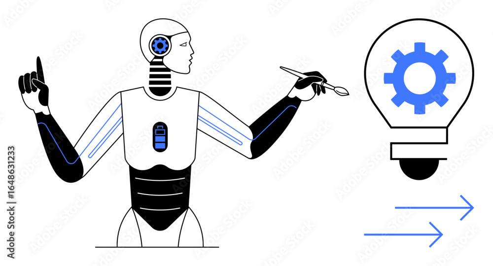 Poster humanoid robot using stylus for innovation beside a lightbulb with gear representing ideas. ideal fo