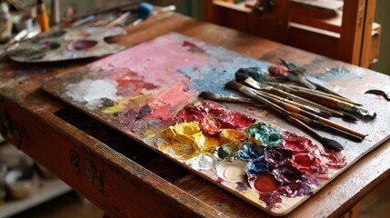 Mental health theme, a palette with paints symbolizing different emotions, brushes and an unfinished abstract painting beside it