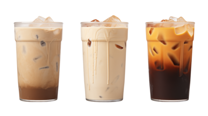 Iced coffee trio with ice, perfect for cooling down on a hot day, fresh and appealing beverages