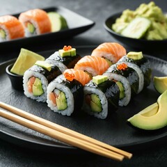 Fresh salmon avocado sushi rolls served with lime and ginger on black plate