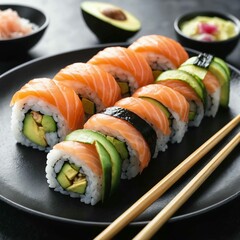 Fresh salmon avocado sushi rolls with chopsticks on dark plate