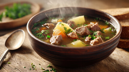 Traditional Homemade Beef and Vegetable Soup in Rustic Bowl with Fresh Bread . AI generative.