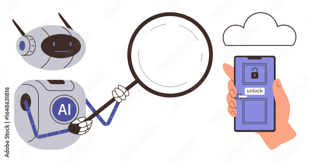 Poster ai robot holding magnifying glass inspecting smartphone unlock screen linked to cloud. ideal for tec