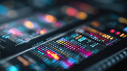 Obraz premium Genetic engineering theme, gene chip covered with fluorescent dots, connected to data analysis equipment, background is black operating table 