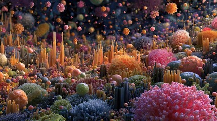 Vibrant 3D rendering of a microscopic microbiome landscape with colorful microbial colonies