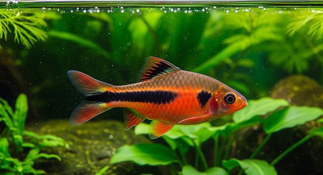 Close-up view of a beautiful harlequin rasbora fish swimming in a freshwater aquarium environment