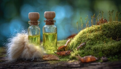Two small glass bottles of golden liquid, resting on a bed of moss and wood, with fluffy natural fibers