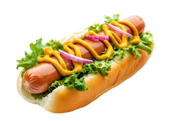 Delicious grilled hotdogs with toppings for food blog and social media ads  isolated on transparent background, png