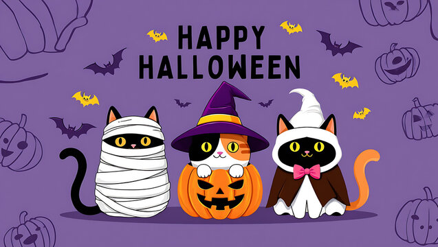 Three cute cats in Halloween costumes on purple background