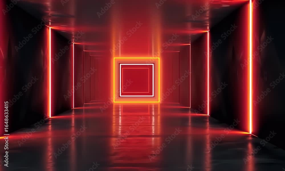 Poster glowing red square and rectangular lights on a dark background, an empty room with a long corridor,