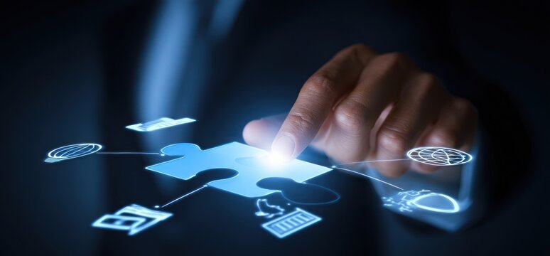 Hand interacting with a digital puzzle of interconnected data